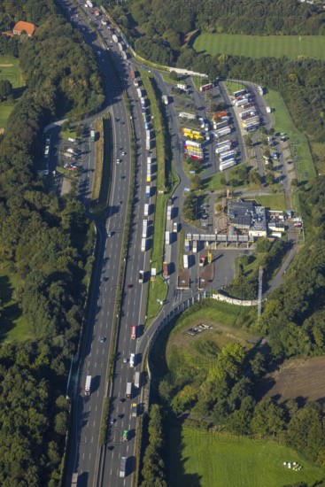 Aerial view, motorway service area Resser Mark Nord in the district Resse in Gelsenkirchen, Ruhr area, North Rhine-Westphalia, Germany, motorway A2, DE, Europe, Gelsenkirchen, aerial view, aerial photography, aerial photography, rest area, overview, bird's-eye view, overview