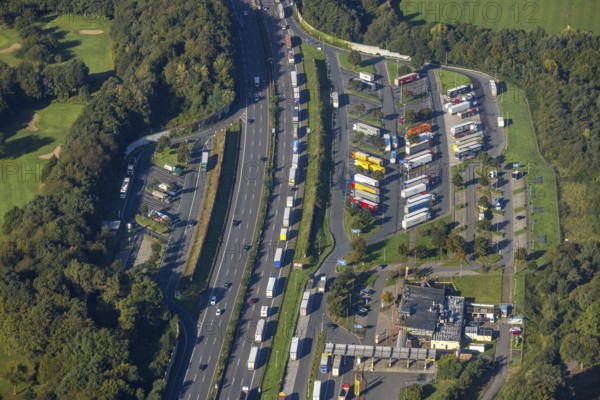 Aerial view, motorway service area Resser Mark Nord in the district Resse in Gelsenkirchen, Ruhr area, North Rhine-Westphalia, Germany, motorway A2, DE, Europe, Gelsenkirchen, aerial view, aerial photography, aerial photography, rest area, overview, bird's-eye view, overview