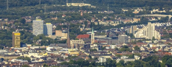Aerial view, Old Town and City skyscrapers with Provost Church St. Augustinus and Old Town Church Emmaus in Gelsenkirchen, Ruhr area, North Rhine-Westphalia, Germany, place of worship, City, DE, Europe, Gelsenkirchen, faith community, place of worship, holy place, skyscrapers, city centre, church, parish, denomination, aerial view, aerial photography, aerial photography, panoramic photo, religion, religious site, overview, bird's eye view, birds-eyes view, overview