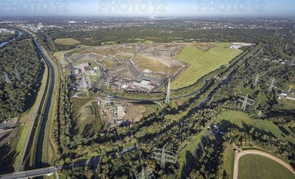 Aerial view, central landfill Emscherbruch and river Emscher in the district Resser Mark in Gelsenkirchen, Ruhr area, North Rhine-Westphalia, Germany, DE, landfill, Europe, Gelsenkirchen, aerial view, aerial photography, aerial photography, nature reserve Emscherbruch, overview, bird's eye view, birds-eyes view, overview