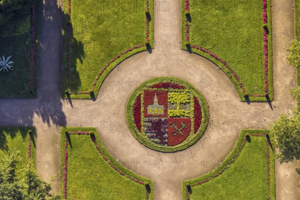 Aerial view, moated castle Schloss Berge green areas and city coat of arms of Gelsenkirchen in the district Buer in Gelsenkirchen, Ruhr area, North Rhine-Westphalia, Germany, Adenauerallee, DE, Europe, shapes and colours, gastronomy, Gelsenkirchen, green areas, hotel, hotel facilities, hotel business, logo, aerial view, aerial photography, aerial photography, restaurant, overview, bird's eye view, coat of arms, birds-eyes view, overview