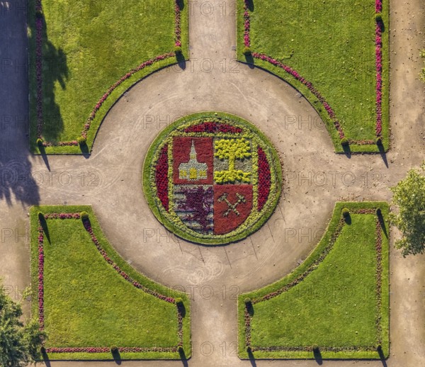 Aerial view, moated castle Schloss Berge green areas and city coat of arms of Gelsenkirchen in the district Buer in Gelsenkirchen, Ruhr area, North Rhine-Westphalia, Germany, Adenauerallee, DE, Europe, shapes and colours, gastronomy, Gelsenkirchen, green areas, hotel, hotel facilities, hotel business, logo, aerial view, aerial photography, aerial photography, restaurant, overview, bird's eye view, coat of arms, birds-eyes view, overview