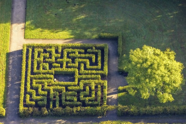 Aerial view, moated castle Schloss Berge labyrinth green areas in the district Buer in Gelsenkirchen, Ruhr area, North Rhine-Westphalia, Germany, Adenauerallee, DE, Europe, shapes and colours, gastronomy, Gelsenkirchen, green areas, hotel, hotel facilities, hotel business, labyrinth, aerial view, aerial photography, aerial photography, restaurant, overview, bird's-eye view, overview