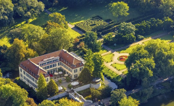 Aerial view, moated castle Schloss Berge in the district Buer in Gelsenkirchen, Ruhr area, North Rhine-Westphalia, Germany, Adenauerallee, DE, Europe, gastronomy, Gelsenkirchen, green areas, hotel, hotel facilities, hotel business, aerial view, aerial photography, aerial photography, restaurant, overview, bird's-eye view, overview
