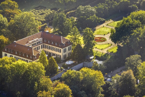 Aerial view, moated castle Schloss Berge in the district Buer in Gelsenkirchen, Ruhr area, North Rhine-Westphalia, Germany, Adenauerallee, DE, Europe, gastronomy, Gelsenkirchen, green areas, hotel, hotel facilities, hotel business, aerial view, aerial photography, aerial photography, restaurant, overview, bird's-eye view, overview
