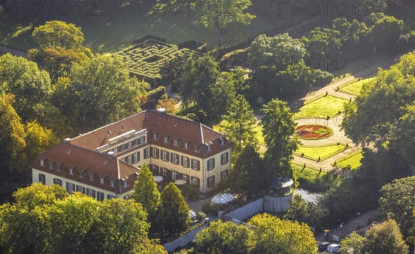 Aerial view, moated castle Schloss Berge in the district Buer in Gelsenkirchen, Ruhr area, North Rhine-Westphalia, Germany, Adenauerallee, DE, Europe, gastronomy, Gelsenkirchen, green areas, hotel, hotel facilities, hotel business, aerial view, aerial photography, aerial photography, restaurant, overview, bird's-eye view, overview