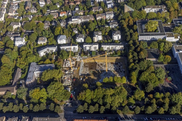 Aerial view, construction site with new building for multi-family houses at the former district court in the district of Buer in Gelsenkirchen, Ruhr area, North Rhine-Westphalia, Germany, construction work, construction area, building site, building plots, construction project, construction site, DE, Europe, Gelsenkirchen, aerial view, aerial photography, aerial photography, new building, overview, bird's eye view, overview