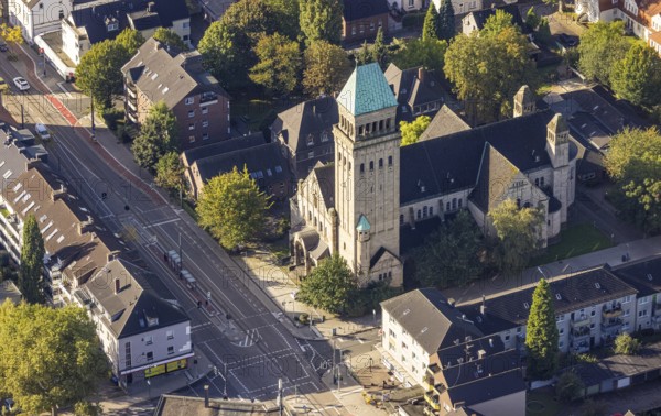 Aerial view, Ludgerikirche in the Buer district of Gelsenkirchen, Ruhr area, North Rhine-Westphalia, Germany, place of worship, DE, Europe, Gelsenkirchen, religious community, place of worship, holy place, church, parish, denomination, aerial view, aerial photography, aerial photography, religion, religious site, overview, bird's-eye view, overview