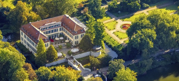 Aerial view, moated castle Schloss Berge in the district Buer in Gelsenkirchen, Ruhr area, North Rhine-Westphalia, Germany, Adenauerallee, DE, Europe, gastronomy, Gelsenkirchen, green areas, hotel, hotel facilities, hotel business, aerial view, aerial photography, aerial photography, restaurant, overview, bird's-eye view, overview