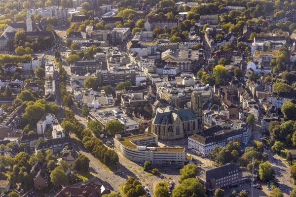 Aerial view, City Buer-Mitte with the Catholic Propsteikirche St. Urbanus in the district Buer in Gelsenkirchen, Ruhr area, North Rhine-Westphalia, Germany, place of worship, City, DE, Europe, Gelsenkirchen, religious community, place of worship, holy place, city centre, church, parish, denomination, aerial view, aerial photography, aerial photography, religion, religious site, city centre, overview, bird's eye view, birds-eyes view, overview