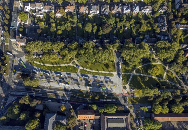Aerial view, bus station Gelsenkirchen-Buer in the district Buer in Gelsenkirchen, Ruhr area, North Rhine-Westphalia, Germany, bus station, bus stop, buses, DE, Europe, Gelsenkirchen, GoldbergPark, Goldbergstraße, aerial view, aerial photography, aerial photography, bus station, overview, bird's eye view, ZOB, birds-eyes view, overview
