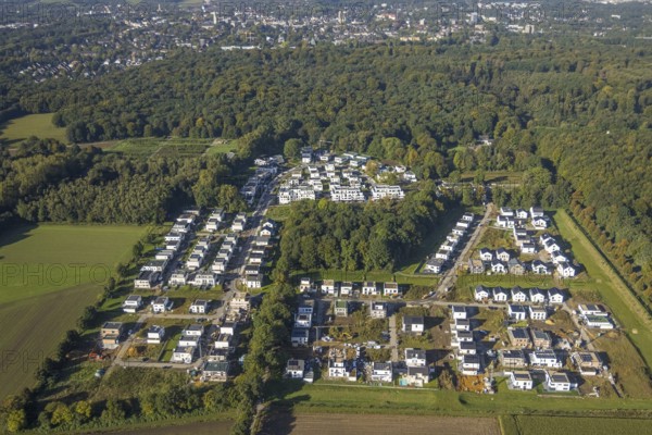 Aerial view, housing estate Am Buerschen Waldbogen in the district Resse in Gelsenkirchen, Ruhr area, North Rhine-Westphalia, Germany, Am Löchterheider Wald, construction area, building site, building plots, construction project, DE, Europe, Gelsenkirchen, property tax, Im Waldquartier, real estate, aerial view, aerial photography, aerial photography, new construction, overview, bird's-eye view, housing estate, housing and living, residential area, residential buildings, residential quality, residential neighbourhood, housing estate, birds-eyes view, overview