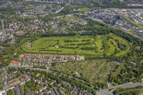 Aerial view, golf course Horst at Schloss Horst, Horst, Gelsenkirchen, Ruhr area, North Rhine-Westphalia, Germany, DE, Europe, birds-eyes view, aerial photography, aerial photography, overview, bird's eye view, commercial sites, commercial areas
