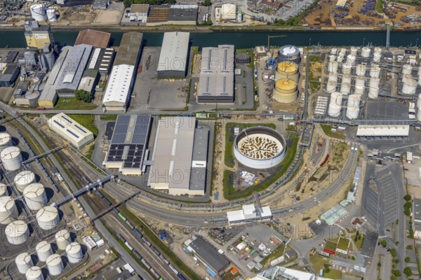 Aerial view, Gelsenkirchen city harbour on the Rhine-Herne Canal, Heßler, Gelsenkirchen, Ruhr area, North Rhine-Westphalia, Germany, DE, Europe, birds-eyes view, aerial photography, aerial photography, overview, bird's eye view, commercial sites, commercial areas