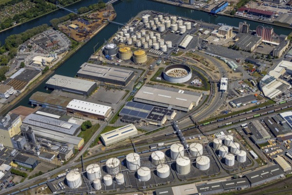 Aerial view, Gelsenkirchen city harbour on the Rhine-Herne Canal, Heßler, Gelsenkirchen, Ruhr area, North Rhine-Westphalia, Germany, DE, Europe, birds-eyes view, aerial photography, aerial photography, overview, bird's eye view, commercial sites, commercial areas