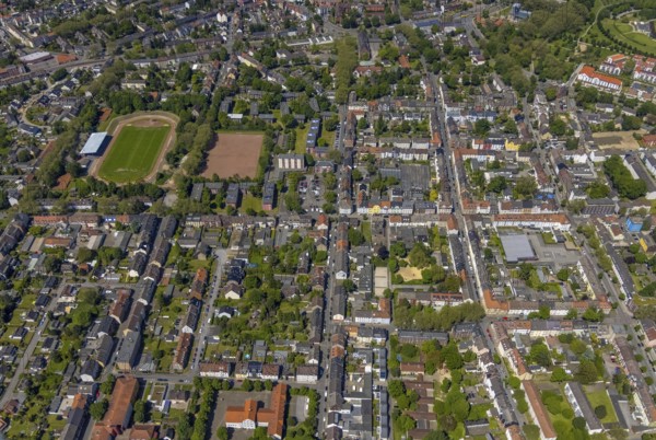 Aerial view, secondary centre Horst, Markenstraße, retail centre, Horst, Gelsenkirchen, Ruhr area, North Rhine-Westphalia, Germany, DE, Europe, birds-eyes view, aerial view, aerial photography, aerial photography, overview, bird's eye view, retail centres of the city of Gelsenkirchen, shopping street, district