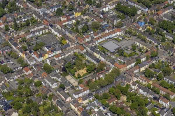 Aerial view, secondary centre Horst, Markenstraße, retail centre, Horst, Gelsenkirchen, Ruhr area, North Rhine-Westphalia, Germany, DE, Europe, birds-eyes view, aerial view, aerial photography, aerial photography, overview, bird's eye view, retail centres of the city of Gelsenkirchen, shopping street, district