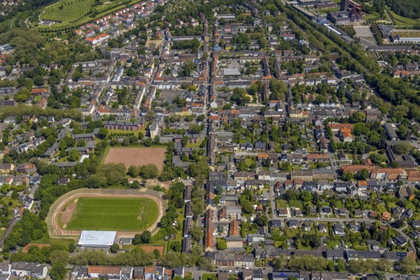 Aerial view, secondary centre Horst, Markenstraße, retail centre, Horst, Gelsenkirchen, Ruhr area, North Rhine-Westphalia, Germany, Essen, DE, Europe, birds-eyes view, aerial photography, aerial photography, overview, overview, bird's eye view, retail centres of the city of Gelsenkirchen, shopping street, district