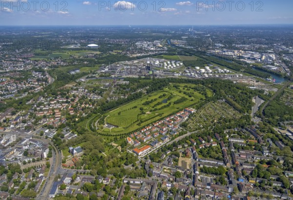 Aerial view, Golfclub GC Schloss Horst, allotment garden association Horst Emscher, Belia Seniorenresidenz Horst, BP Ruhr Öl Gelsenkirchen Horst, Horst, Gelsenkirchen, Ruhr area, North Rhine-Westphalia, Germany, retirement home, old people's home, care and nursing, DE, Europe, community garden, commercial area, golf, golf course, golf club, golf course, golf meadow, industrial facilities, industrial area, allotment garden, allotment garden site, allotment garden association, aerial view, aerial photography, aerial photography, care facility, allotment garden, retirement home, retirement residence, retirement home, retirement centre, sports, overview, bird's-eye view, overview