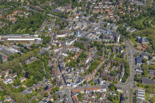Aerial view, secondary centre Horst, Essener Straße, retail centre, Beckhausen, Gelsenkirchen, Ruhr area, North Rhine-Westphalia, Germany, DE, Europe, birds-eyes view, aerial photography, aerial photography, overview, overview, bird's eye view, retail centres of the city of Gelsenkirchen, shopping street, district