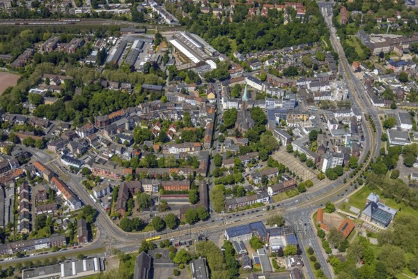 Aerial view, secondary centre Horst, Essener Straße, retail centre, Beckhausen, Gelsenkirchen, Ruhr area, North Rhine-Westphalia, Germany, DE, Europe, birds-eyes view, aerial photography, aerial photography, overview, overview, bird's eye view, retail centres of the city of Gelsenkirchen, shopping street, district