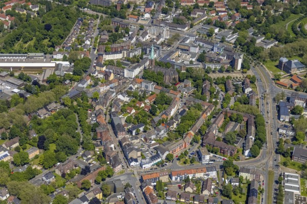 Aerial view, secondary centre Horst, Essener Straße, retail centre, Beckhausen, Gelsenkirchen, Ruhr area, North Rhine-Westphalia, Germany, DE, Europe, birds-eyes view, aerial photography, aerial photography, overview, overview, bird's eye view, retail centres of the city of Gelsenkirchen, shopping street, district