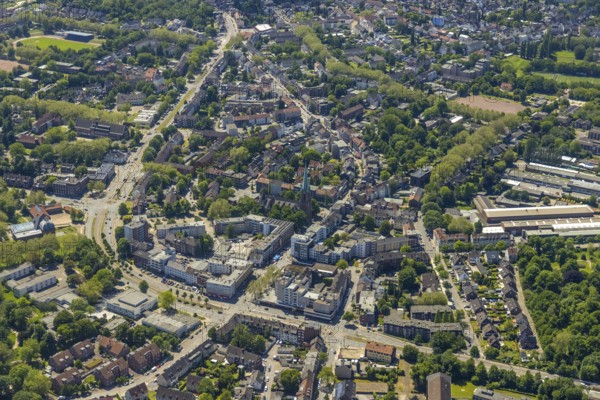 Aerial view, secondary centre Horst, Essener Straße, retail centre, Beckhausen, Gelsenkirchen, Ruhr area, North Rhine-Westphalia, Germany, DE, Europe, birds-eyes view, aerial photography, aerial photography, overview, overview, bird's eye view, retail centres of the city of Gelsenkirchen, shopping street, district
