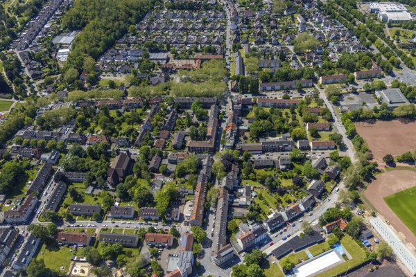 Aerial view, Perspective local supply centre Heßler, Fersenbruch, retail centre, Horst, Gelsenkirchen, Ruhr area, North Rhine-Westphalia, Germany, DE, Europe, birds-eyes view, aerial view, aerial photography, aerial photography, overview, overview, bird's eye view, retail centres of the city of Gelsenkirchen, shopping street, district