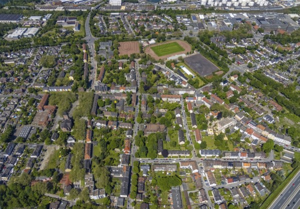 Aerial view, Perspective local supply centre Heßler, Fersenbruch, retail centre, Horst, Gelsenkirchen, Ruhr area, North Rhine-Westphalia, Germany, DE, Europe, birds-eyes view, aerial view, aerial photography, aerial photography, overview, overview, bird's eye view, retail centres of the city of Gelsenkirchen, shopping street, district