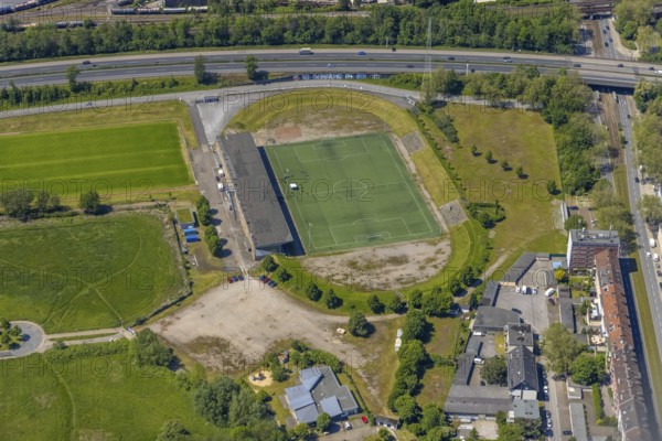 Aerial view, Kampfbahn Glückauf Stadion, former home ground of FC Schalke 04, Schalke, Gelsenkirchen, Ruhr area, North Rhine-Westphalia, Germany, DE, Europe, football pitch, football stadium, football club, aerial view, aerial photography, aerial photography, sports, sports facilities, sports field, sports venue, stadium, overview, bird's-eye view, overview