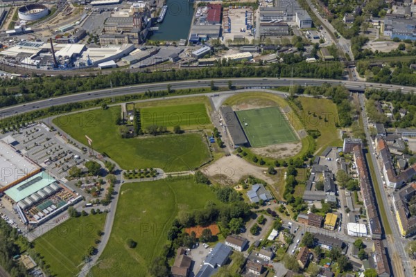 Aerial view, Kampfbahn Glückauf Stadion, former home ground of FC Schalke 04, Schalke, Gelsenkirchen, Ruhr area, North Rhine-Westphalia, Germany, DE, Europe, football pitch, football stadium, football club, aerial view, aerial photography, aerial photography, sports, sports facilities, sports field, sports venue, stadium, overview, bird's-eye view, overview