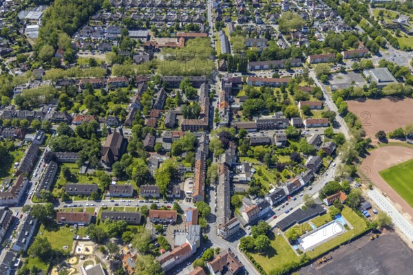 Aerial view, Perspective local supply centre Heßler, Fersenbruch, retail centre, Horst, Gelsenkirchen, Ruhr area, North Rhine-Westphalia, Germany, DE, Europe, birds-eyes view, aerial view, aerial photography, aerial photography, overview, overview, bird's eye view, retail centres of the city of Gelsenkirchen, shopping street, district