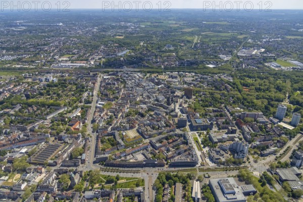 Aerial view, main centre Gelsenkirchen-Mitte, City Gelsenkirchen, Bahnhofstraße, market place, retail centre, Schalke, Gelsenkirchen, Ruhr area, North Rhine-Westphalia, Germany, DE, Europe, birds-eyes view, aerial view, aerial photography, aerial photography, overview, overview, bird's eye view, retail centres of the city of Gelsenkirchen, shopping street, district