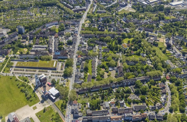 Aerial view, Bismarck shopping centre, Bismarckstraße Nord/Consol, retail centre, Gelsenkirchen-Bulmke-Hüllen, Gelsenkirchen, Ruhr area, North Rhine-Westphalia, Germany, DE, Europe, birds-eyes view, aerial view, aerial photography, aerial photography, overview, overview, bird's eye view, retail centres of the city of Gelsenkirchen, shopping street, district