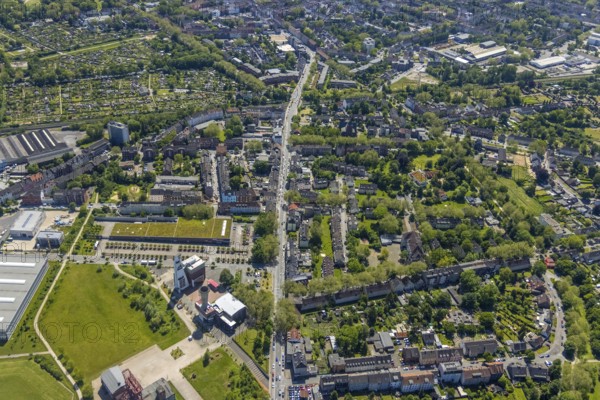 Aerial view, Bismarck shopping centre, Bismarckstraße Nord/Consol, retail centre, Gelsenkirchen-Bulmke-Hüllen, Gelsenkirchen, Ruhr area, North Rhine-Westphalia, Germany, DE, Europe, birds-eyes view, aerial view, aerial photography, aerial photography, overview, overview, bird's eye view, retail centres of the city of Gelsenkirchen, shopping street, district