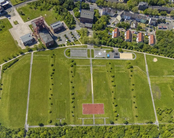 Aerial view, Consol-Park leisure facility, Bismarck, Gelsenkirchen, Ruhr area, North Rhine-Westphalia, Germany, DE, Europe, shapes and colours, leisure area, leisure park, site of the former Consolidation 3/4/9 colliery, aerial view, aerial photography, aerial photography, trend sports facility Consol, overview, bird's-eye view, overview