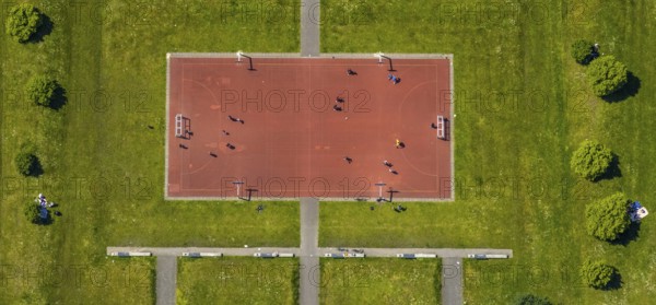 Aerial view, Consol-Park football field, football pitch, leisure facility, Bismarck, Gelsenkirchen, Ruhr area, North Rhine-Westphalia, Germany, DE, Europe, shapes and colours, leisure area, leisure park, site of the former Consolidation 3/4/9 colliery, aerial view, aerial photography, aerial photography, trend sports facility Consol, overview, bird's-eye view, overview