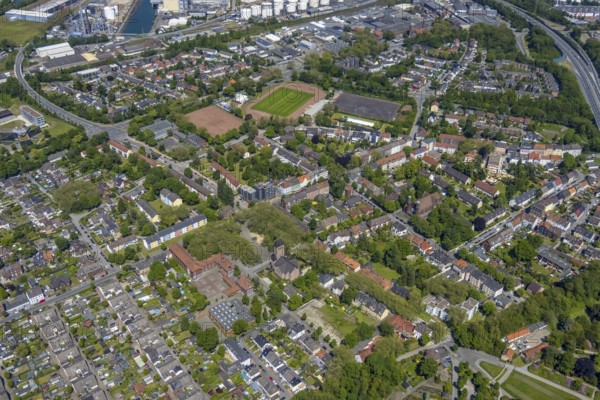 Aerial view, Perspective local supply centre Heßler, Fersenbruch, retail centre, Horst, Gelsenkirchen, Ruhr area, North Rhine-Westphalia, Germany, DE, Europe, birds-eyes view, aerial view, aerial photography, aerial photography, overview, overview, bird's eye view, retail centres of the city of Gelsenkirchen, shopping street, district