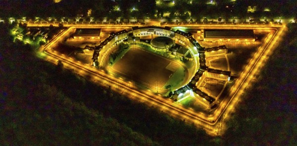 Aerial view, Gelsenkirchen Prison, JVA Feldmark, Gelsenkirchen, Ruhr area, North Rhine-Westphalia, Germany, Aldenhofstraße, detention, DE, triangular shape, twilight photography, Europe, imprisonment, prison, detention centre, prison sentence, correctional facility, light pollution, aerial photography, aerial photography, night, night photography, night flight, overview, custody, bird's eye view, illuminated streets, birds-eyes view, nightflight, overview