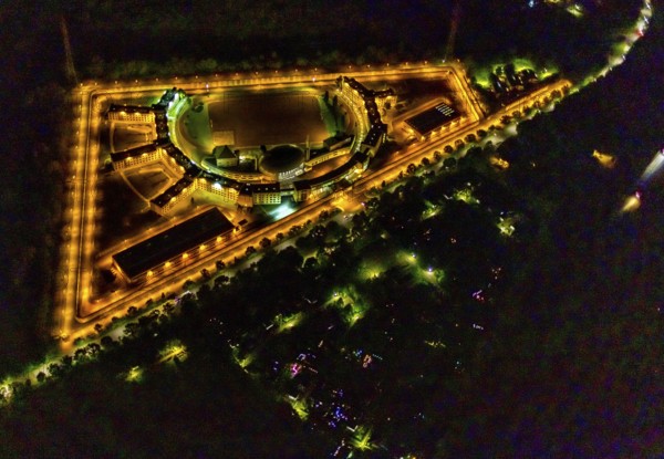 Aerial view, Gelsenkirchen Prison, JVA Feldmark, Gelsenkirchen, Ruhr area, North Rhine-Westphalia, Germany, Aldenhofstraße, detention, DE, triangular shape, twilight photography, Europe, imprisonment, prison, detention centre, prison sentence, correctional facility, light pollution, aerial photography, aerial photography, night, night photography, night flight, overview, custody, bird's eye view, illuminated streets, birds-eyes view, nightflight, overview