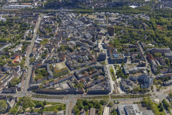 Aerial view, main centre Gelsenkirchen-Mitte, City Gelsenkirchen, Bahnhofstraße, market place, retail centre, Schalke, Gelsenkirchen, Ruhr area, North Rhine-Westphalia, Germany, DE, Europe, birds-eyes view, aerial view, aerial photography, aerial photography, overview, overview, bird's eye view, retail centres of the city of Gelsenkirchen, shopping street, district