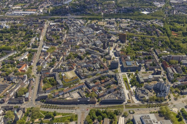 Aerial view, main centre Gelsenkirchen-Mitte, City Gelsenkirchen, Bahnhofstraße, market place, retail centre, Schalke, Gelsenkirchen, Ruhr area, North Rhine-Westphalia, Germany, DE, Europe, birds-eyes view, aerial view, aerial photography, aerial photography, overview, overview, bird's eye view, retail centres of the city of Gelsenkirchen, shopping street, district