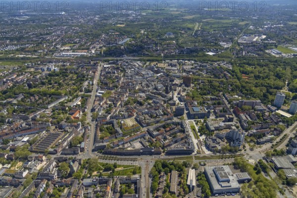 Aerial view, main centre Gelsenkirchen-Mitte, City Gelsenkirchen, Bahnhofstraße, market place, retail centre, Schalke, Gelsenkirchen, Ruhr area, North Rhine-Westphalia, Germany, DE, Europe, birds-eyes view, aerial view, aerial photography, aerial photography, overview, overview, bird's eye view, retail centres of the city of Gelsenkirchen, shopping street, district