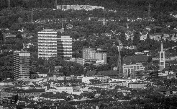 Aerial view, Old Town and City skyscrapers with Provost Church St. Augustinus and Old Town Church Emmaus in Gelsenkirchen, Ruhr area, North Rhine-Westphalia, Germany, place of worship, City, DE, Europe, Gelsenkirchen, faith community, place of worship, holy place, skyscrapers, city centre, church, parish, denomination, aerial view, aerial photography, aerial photography, religion, religious site, overview, bird's-eye view, overview