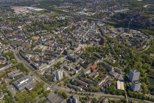 Aerial view, main centre Gelsenkirchen-Mitte, City Gelsenkirchen, Bahnhofstraße, market place, retail centre, Schalke, Gelsenkirchen, Ruhr area, North Rhine-Westphalia, Germany, DE, Europe, birds-eyes view, aerial view, aerial photography, aerial photography, overview, overview, bird's eye view, retail centres of the city of Gelsenkirchen, shopping street, district