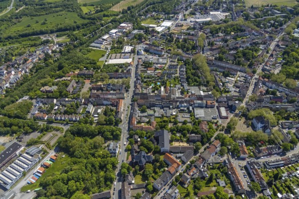 Aerial view, Rotthausen secondary centre, Karl-Meyer-Straße, retail centre, Rotthausen, Gelsenkirchen, Ruhr area, North Rhine-Westphalia, Germany, DE, Europe, birds-eyes view, aerial view, aerial photography, aerial photography, overview, overview, bird's eye view, retail centres of the city of Gelsenkirchen, shopping street, district