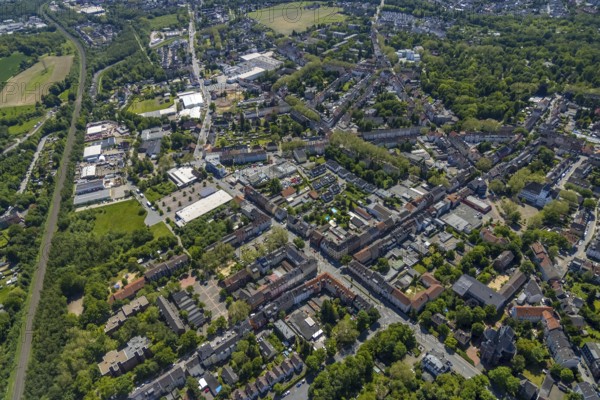 Aerial view, Rotthausen secondary centre, Karl-Meyer-Straße, retail centre, Rotthausen, Gelsenkirchen, Ruhr area, North Rhine-Westphalia, Germany, DE, Europe, birds-eyes view, aerial view, aerial photography, aerial photography, overview, overview, bird's eye view, retail centres of the city of Gelsenkirchen, shopping street, district