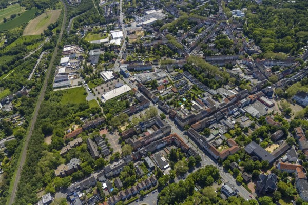 Aerial view, Rotthausen secondary centre, Karl-Meyer-Straße, retail centre, Rotthausen, Gelsenkirchen, Ruhr area, North Rhine-Westphalia, Germany, DE, Europe, birds-eyes view, aerial view, aerial photography, aerial photography, overview, overview, bird's eye view, retail centres of the city of Gelsenkirchen, shopping street, district