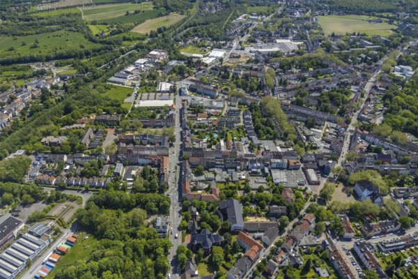 Aerial view, Rotthausen secondary centre, Karl-Meyer-Straße, retail centre, Rotthausen, Gelsenkirchen, Ruhr area, North Rhine-Westphalia, Germany, DE, Europe, birds-eyes view, aerial view, aerial photography, aerial photography, overview, overview, bird's eye view, retail centres of the city of Gelsenkirchen, shopping street, district