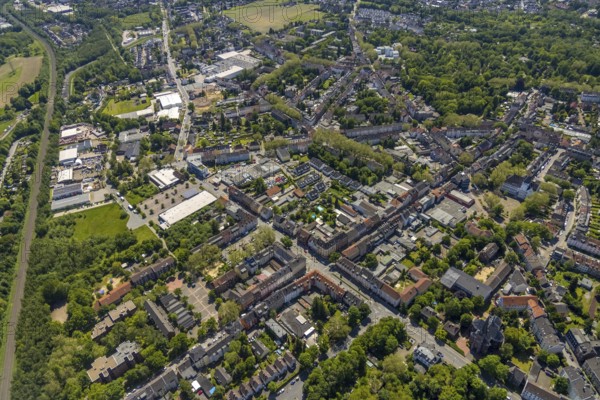 Aerial view, Rotthausen secondary centre, Karl-Meyer-Straße, retail centre, Rotthausen, Gelsenkirchen, Ruhr area, North Rhine-Westphalia, Germany, DE, Europe, birds-eyes view, aerial view, aerial photography, aerial photography, overview, overview, bird's eye view, retail centres of the city of Gelsenkirchen, shopping street, district